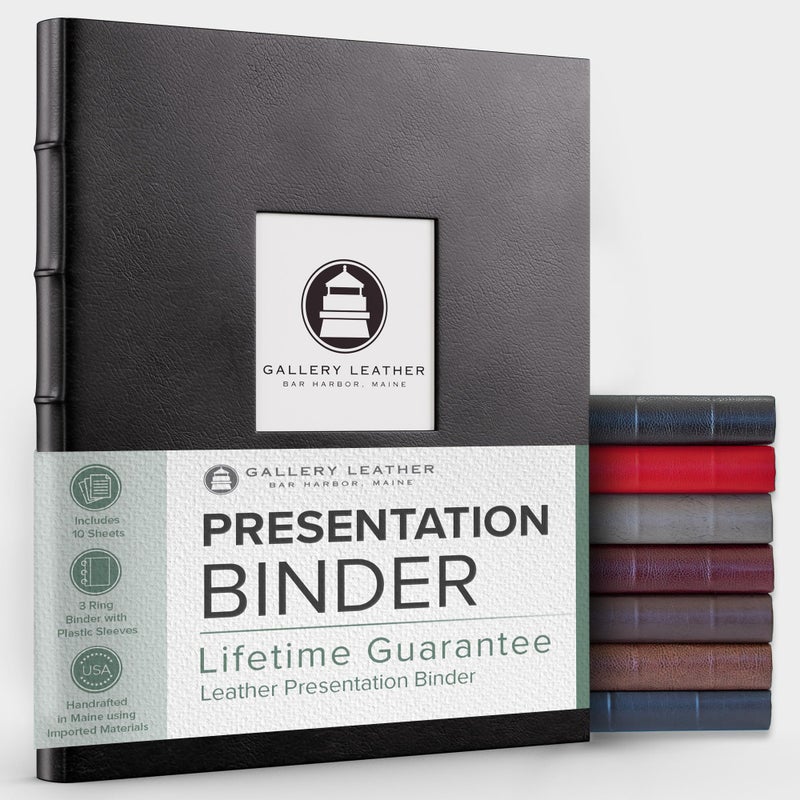 Gallery Leather 3 Ring Binder with Plastic Sleeves  Includes 10 Sheets  Sheet Size: 8.5"" x 11"" - Presentation Binder Rings with Window and Hubbed Spine  Thick: 0.75"" Freeport Black - Image 1